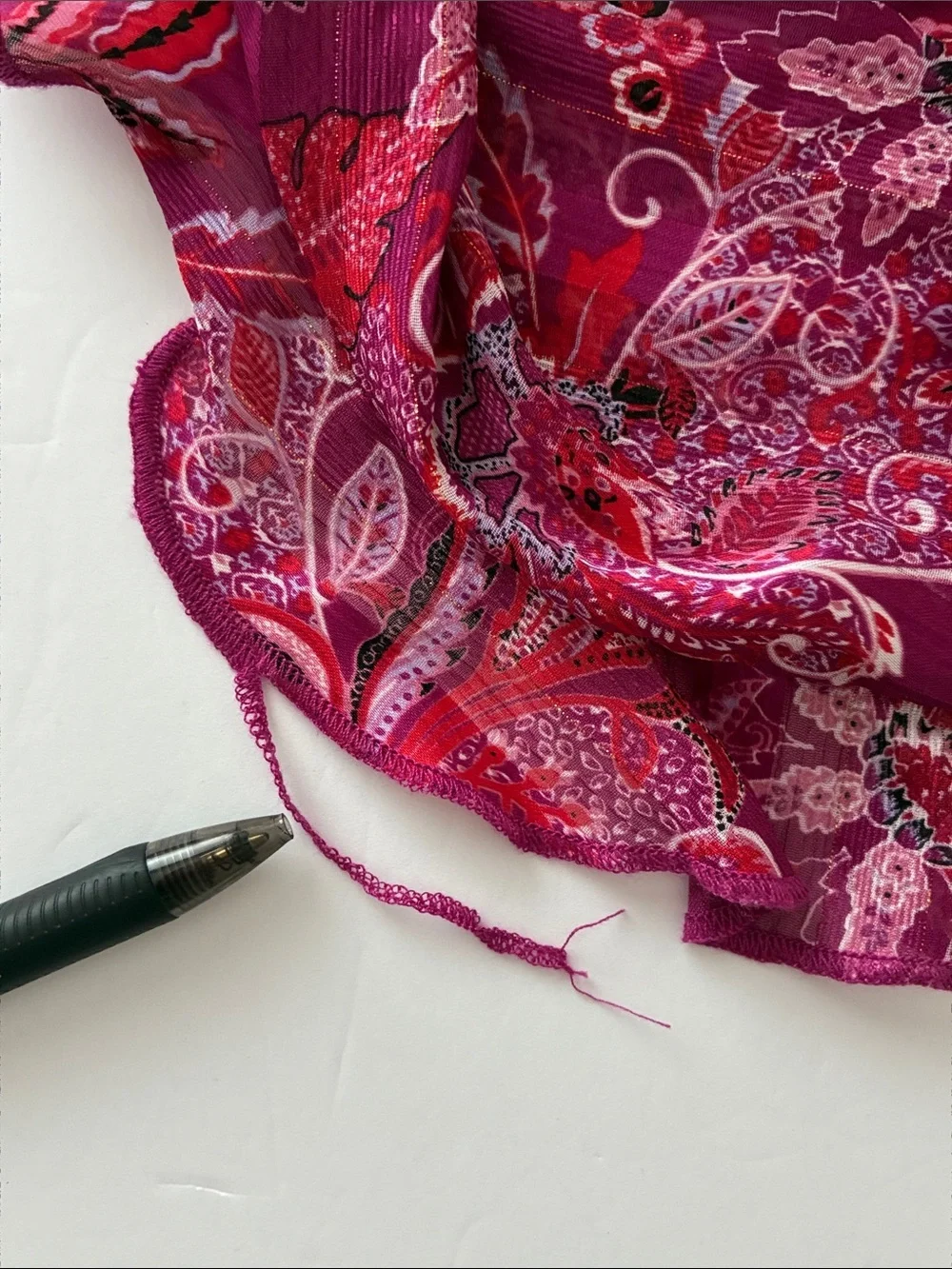 Vibrant Silky Ruffle Flirty Pink Maroon Paisley V-Neck Elastic Waist Dress - Picture 10 of 10